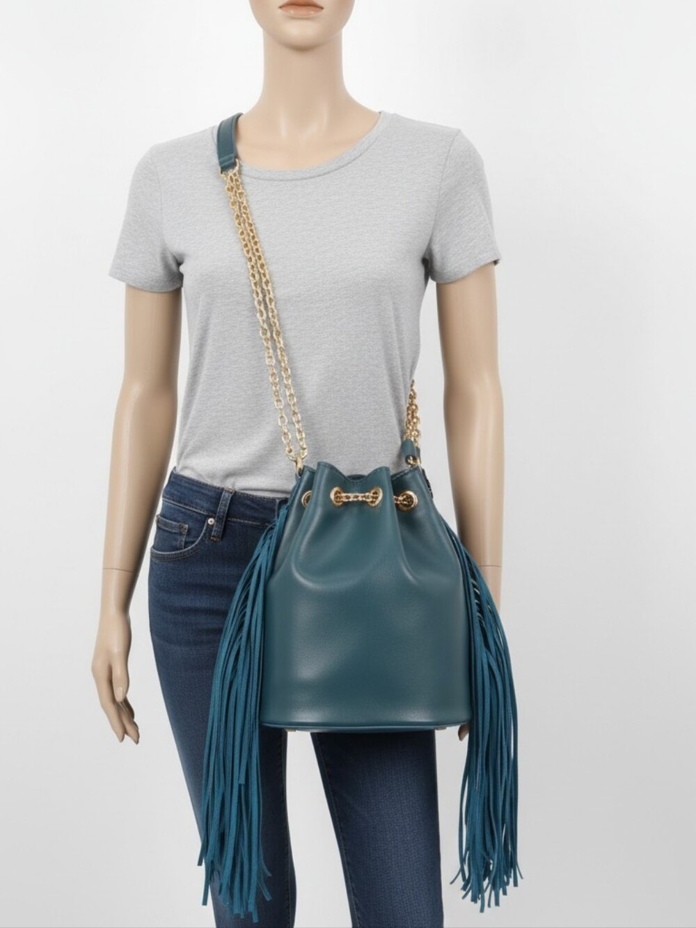 Fringed Teal Leather Drawstring Crossbody with Gold Chain